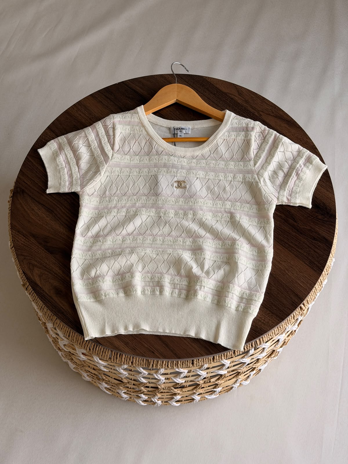 Chanel Chevron Pointelle Open-Knit Short-Sleeve Top