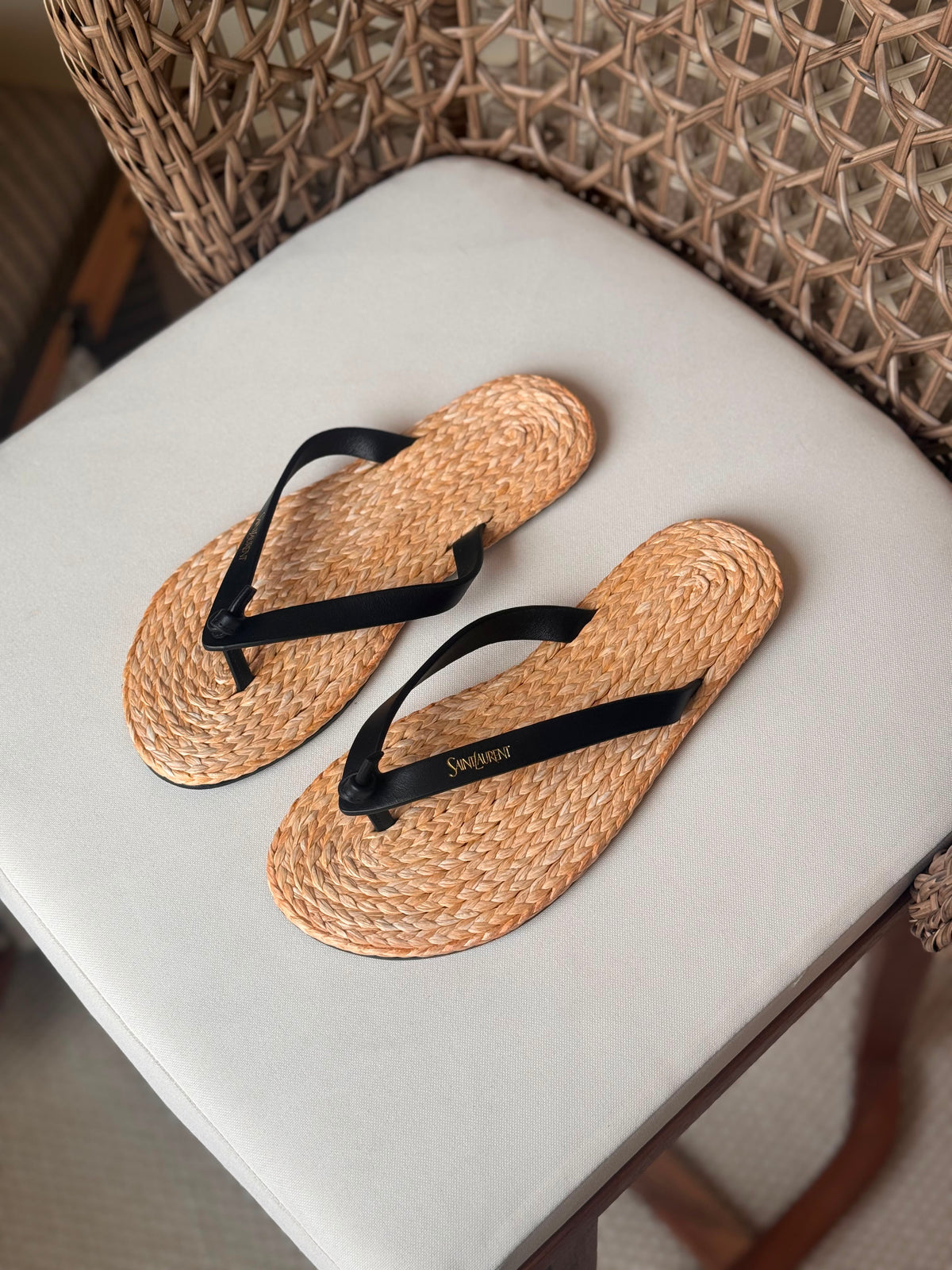 Saint Laurent Pool Knotted Leather and Raffia Flip-Flops