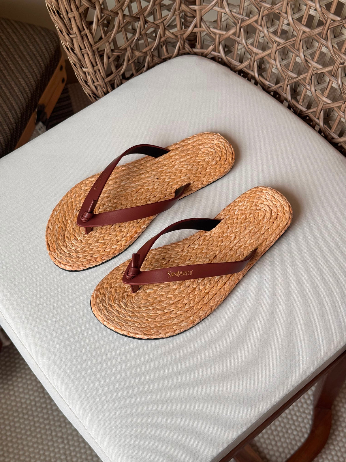 Saint Laurent Pool Knotted Leather and Raffia Flip-Flops