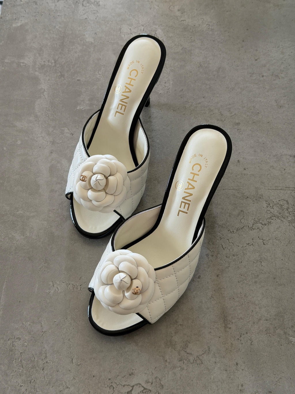 Chanel Camellia Quilted Lambskin Mule Sandals