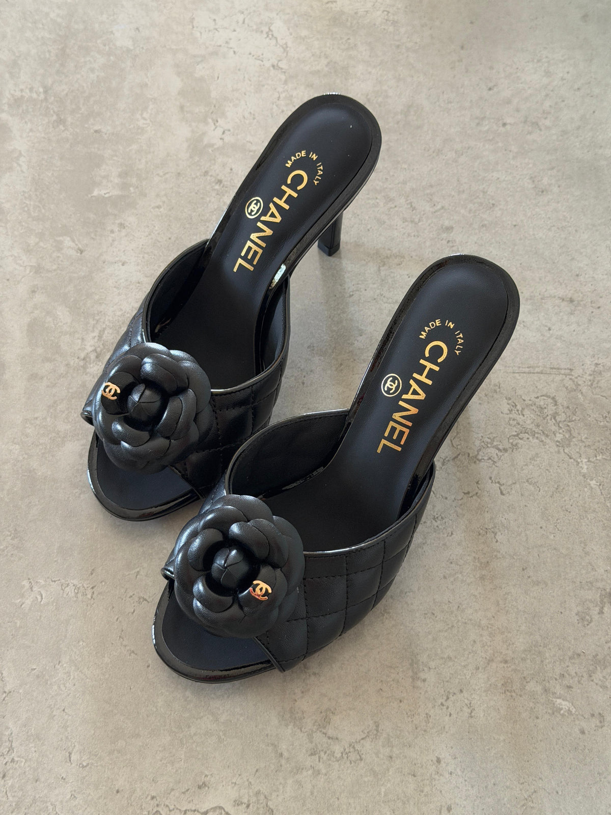 Chanel Camellia Quilted Lambskin Mule Sandals