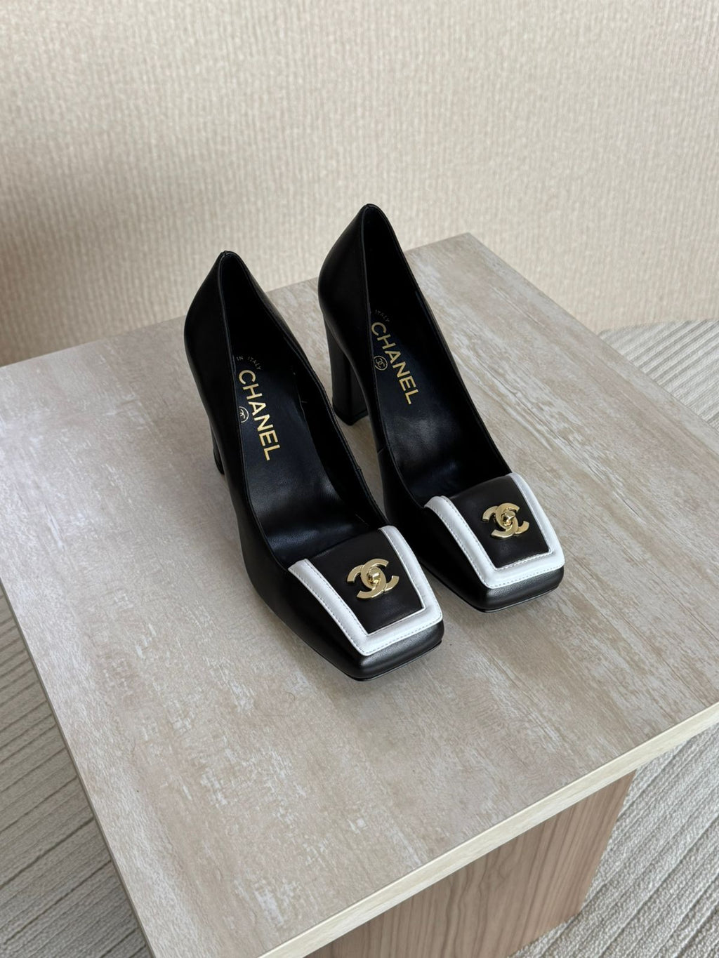 Chanel Square-Toe Turnlock CC Pumps