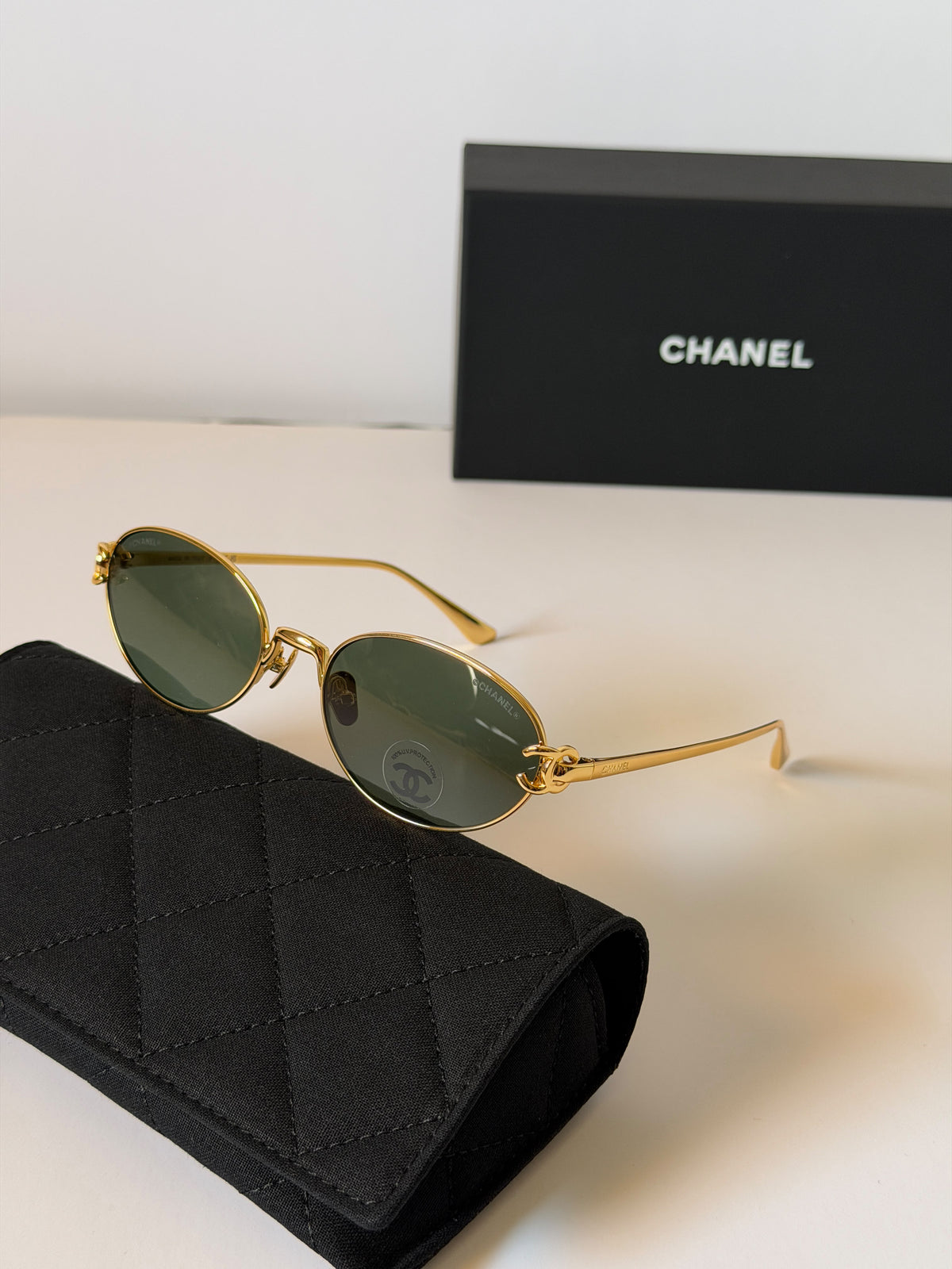 Chanel Oval Leather-Chain Metal Sunglasses