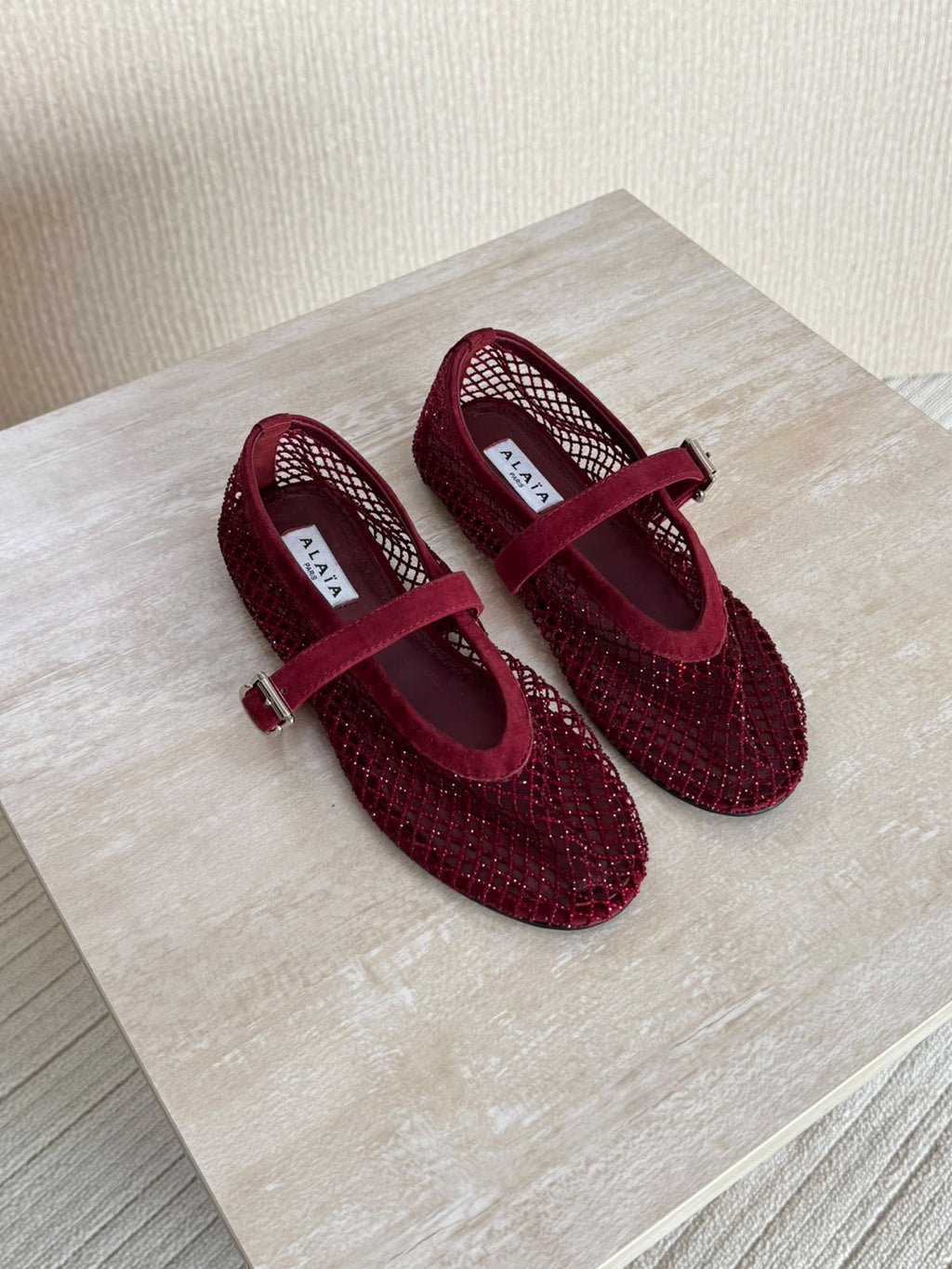 Alaia Crystal-Embellished Mesh Mary Jane Flats