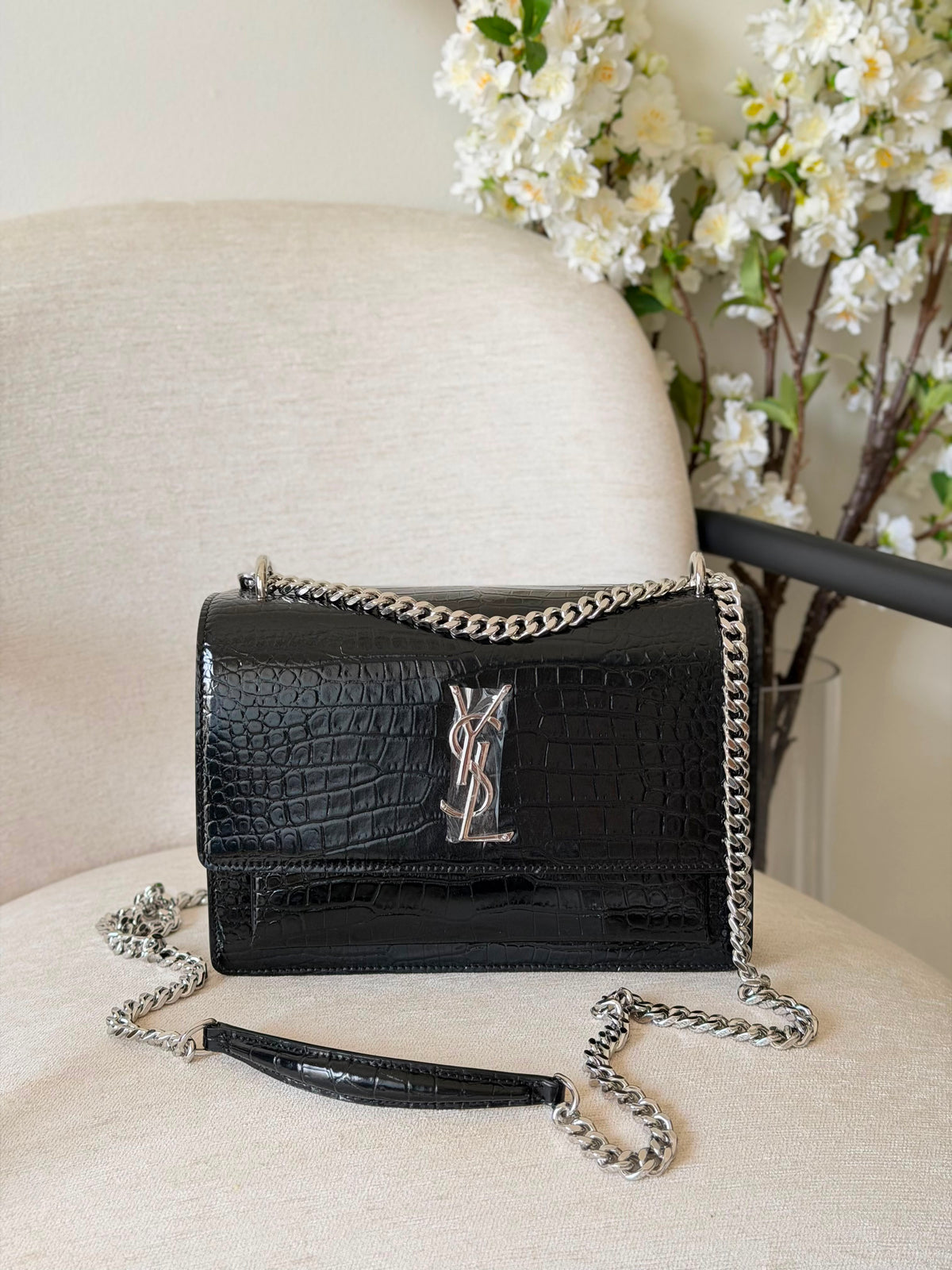 Saint Laurent Sunset Bag Crocodile-Embossed Leather
