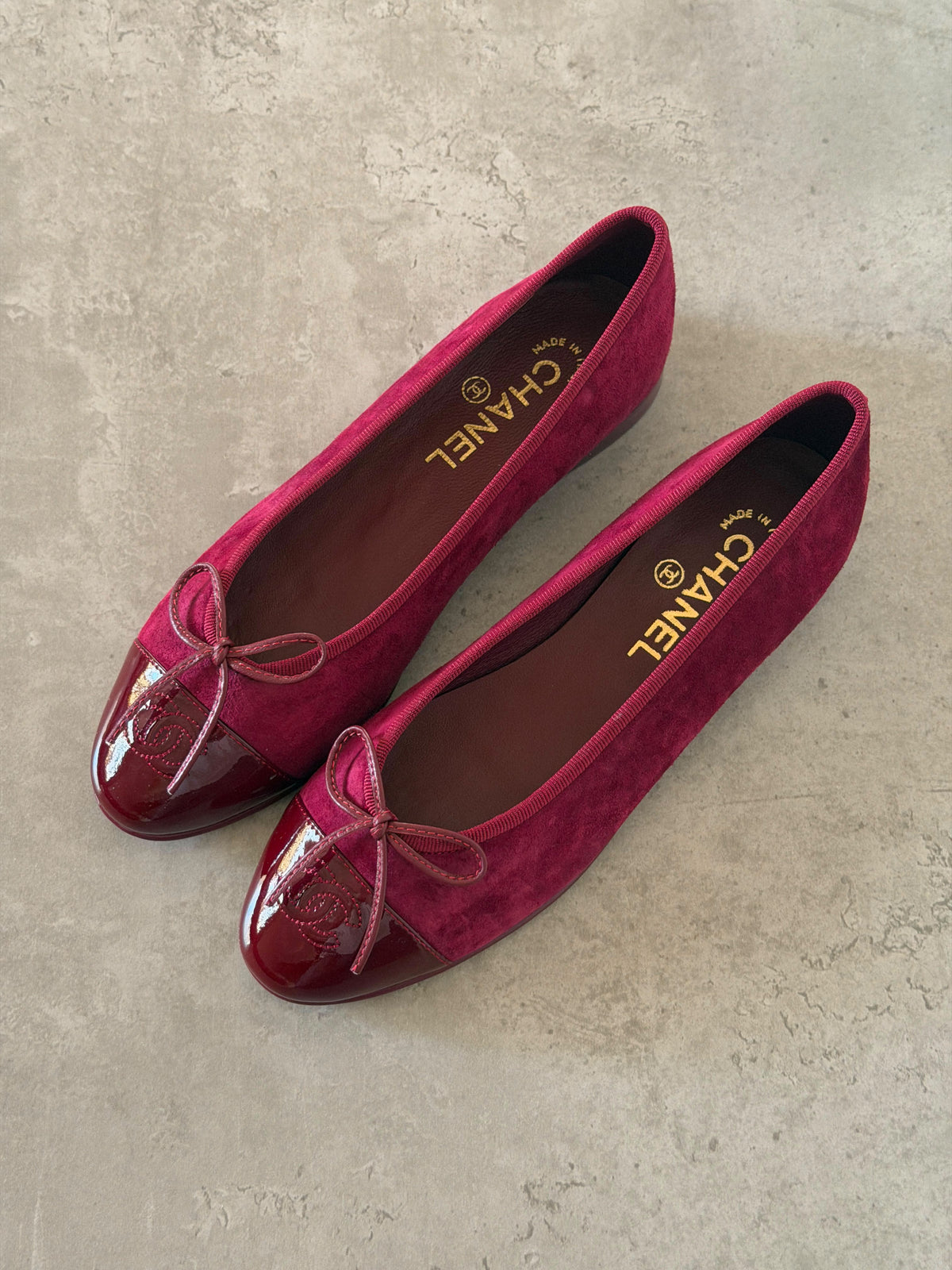 Chanel Suede Patent Calfskin Cap Toe CC Ballerina Flat