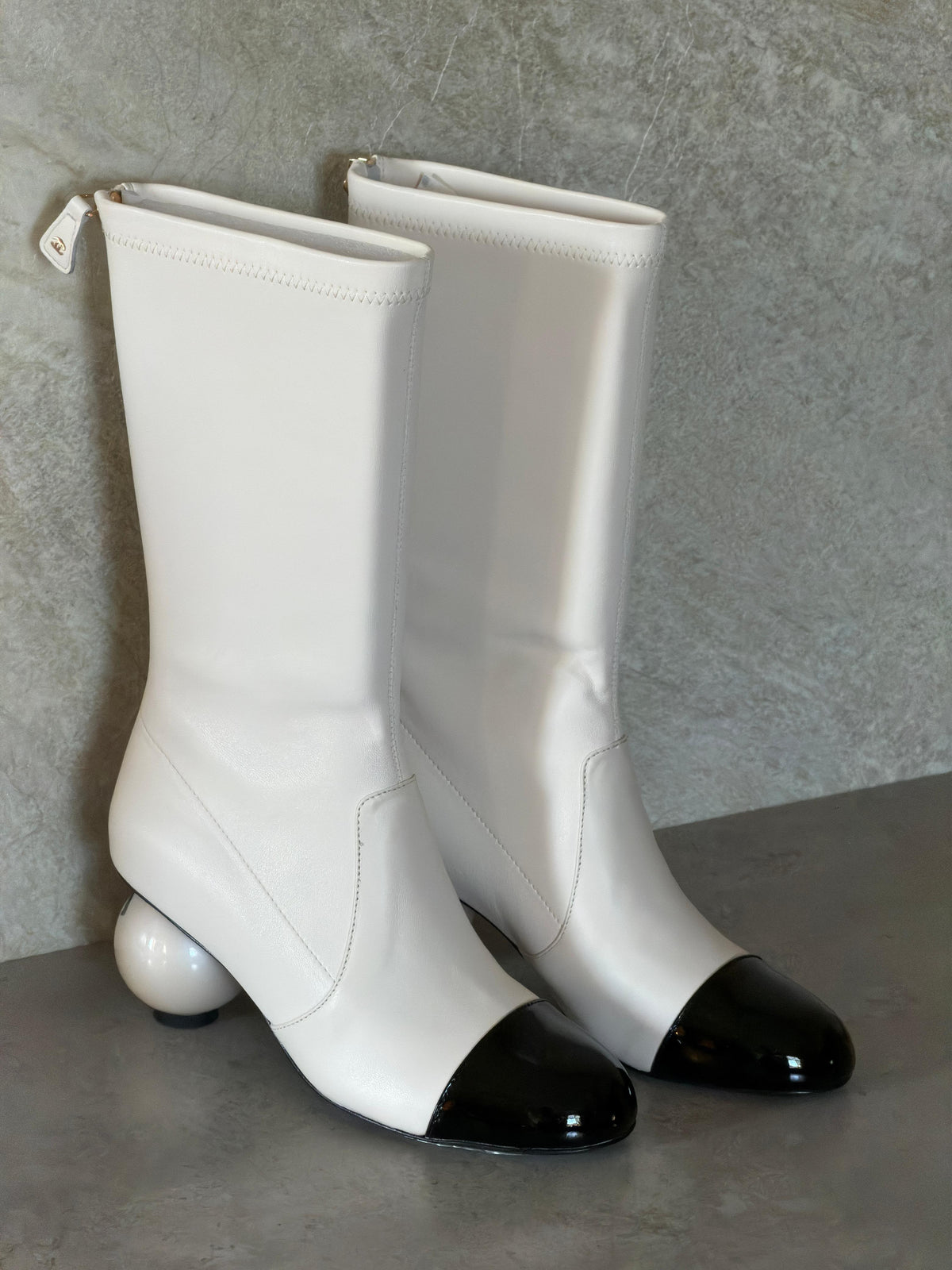 Chanel Stretch Lambskin Patent Cap Toe Pearl Ball Mid-Calf Boot
