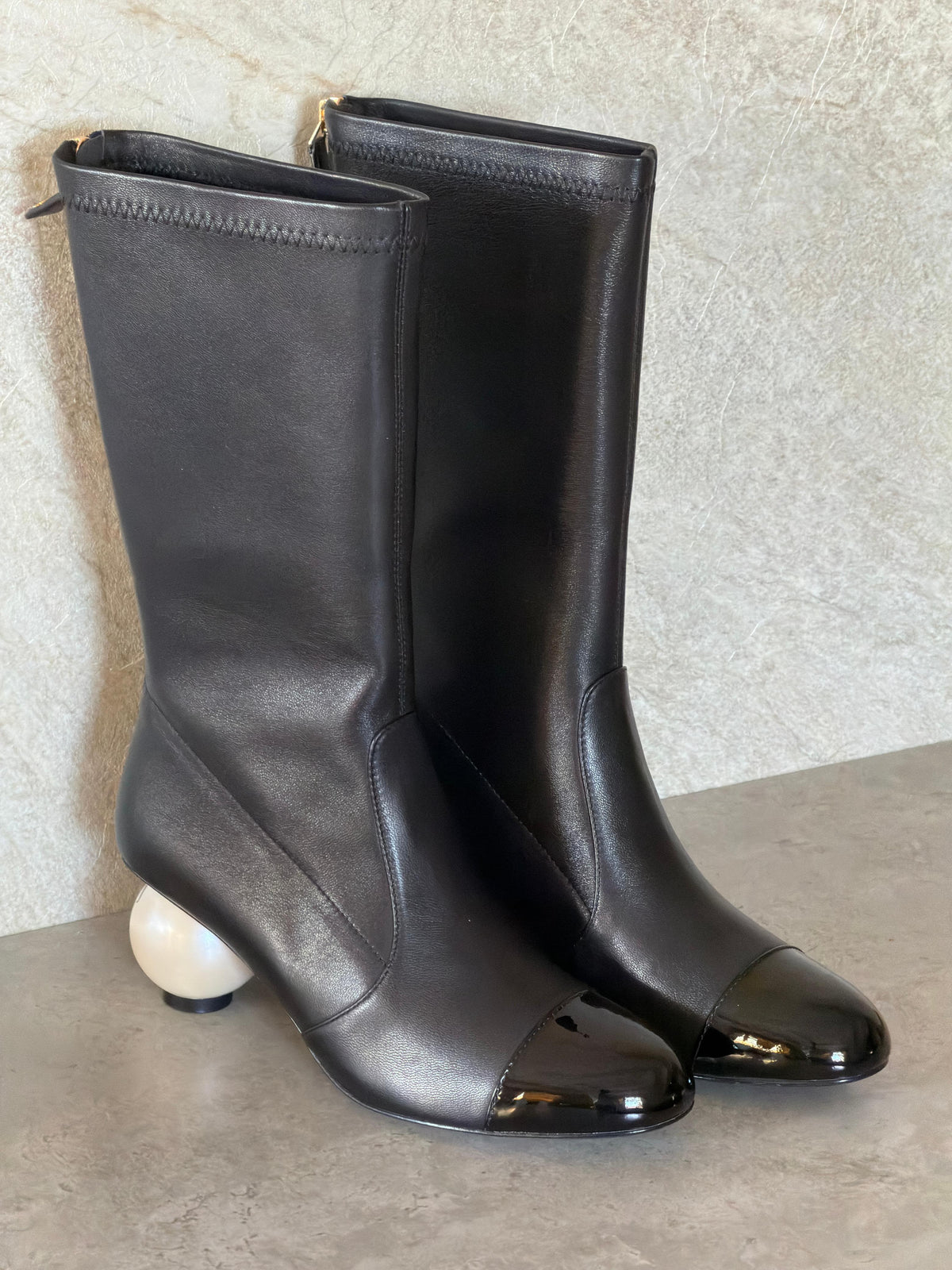 Chanel Stretch Lambskin Patent Cap Toe Pearl Ball Mid-Calf Boot