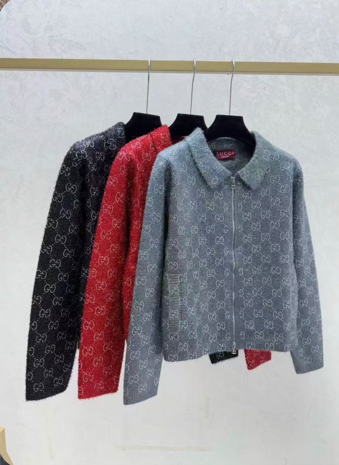 Gucci GG Wool Blend Bouclé Knit Zip Cardigan
