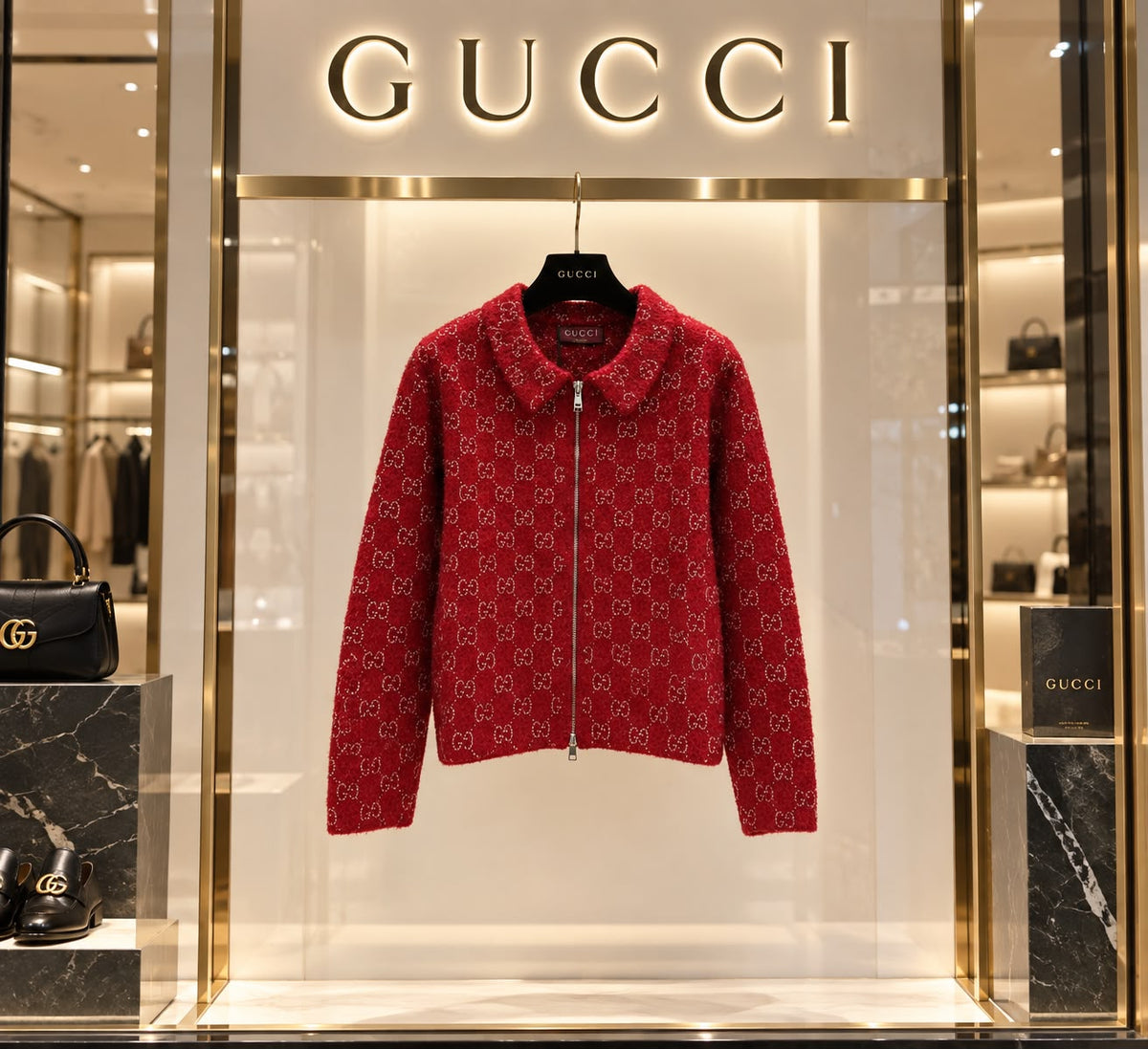 Gucci GG Wool Blend Bouclé Knit Zip Cardigan