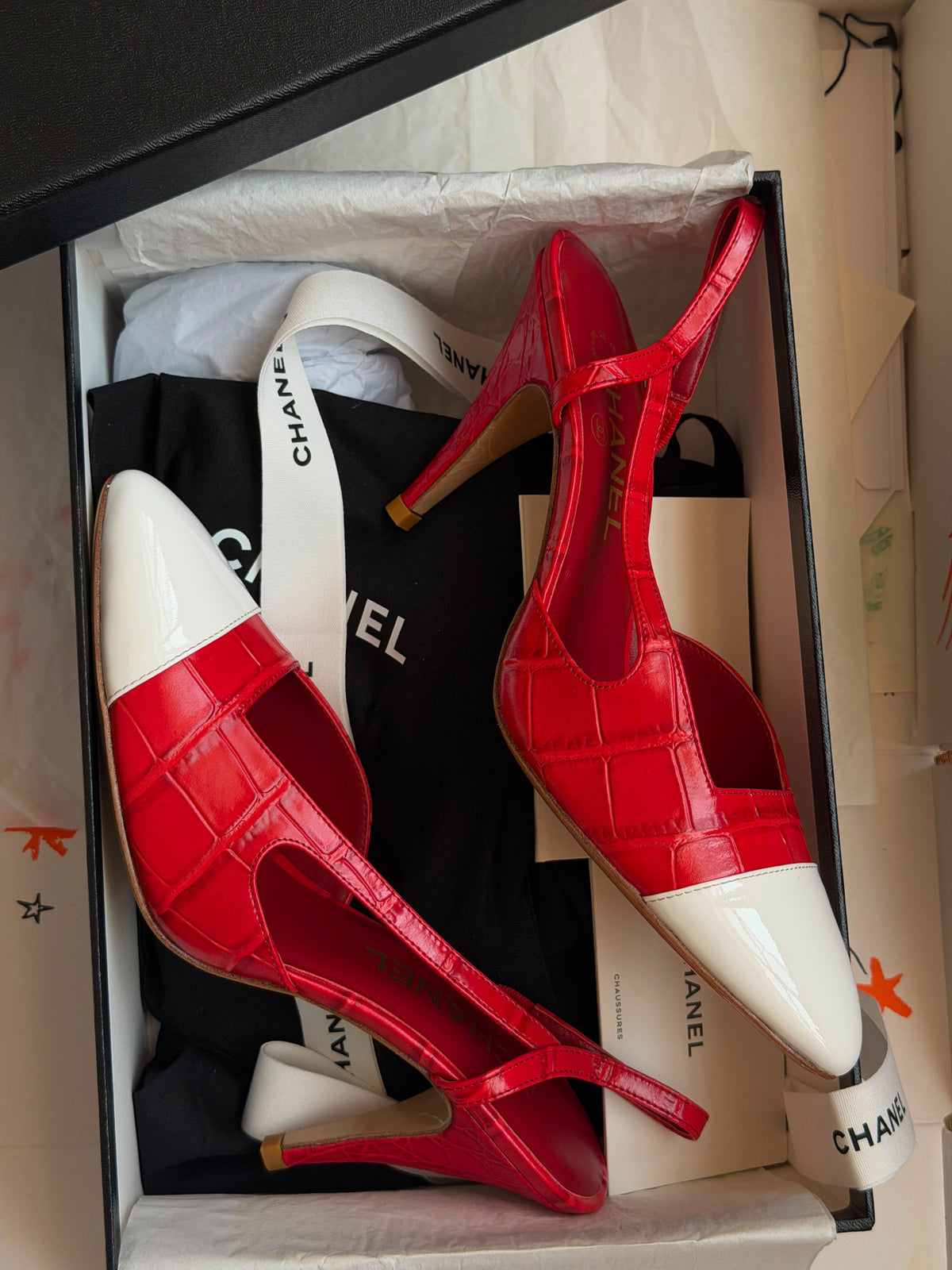 Chanel Crocodile-Embossed Calfskin & Patent Slingbacks