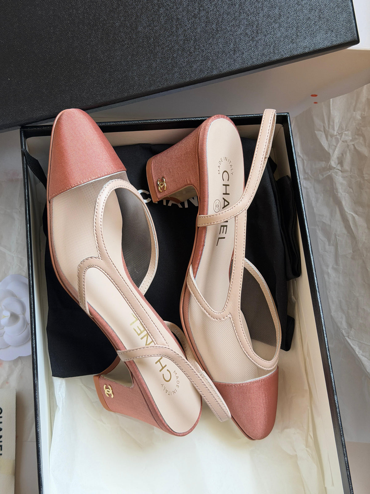Chanel Grosgrain and Mesh Interlocking CC Slingback Pumps