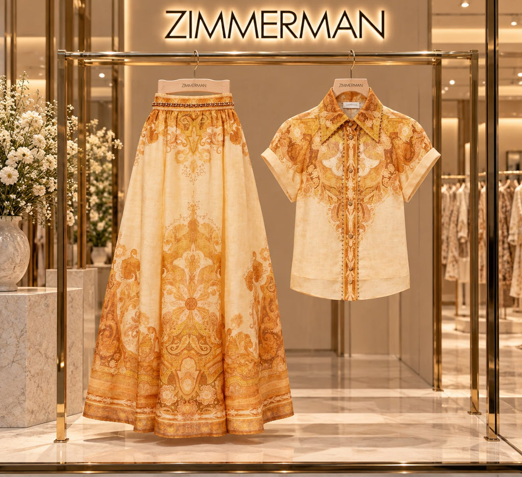 Zimmermann Como Paisley Linen and Silk Shirt and Maxi Skirt Set in Mustard