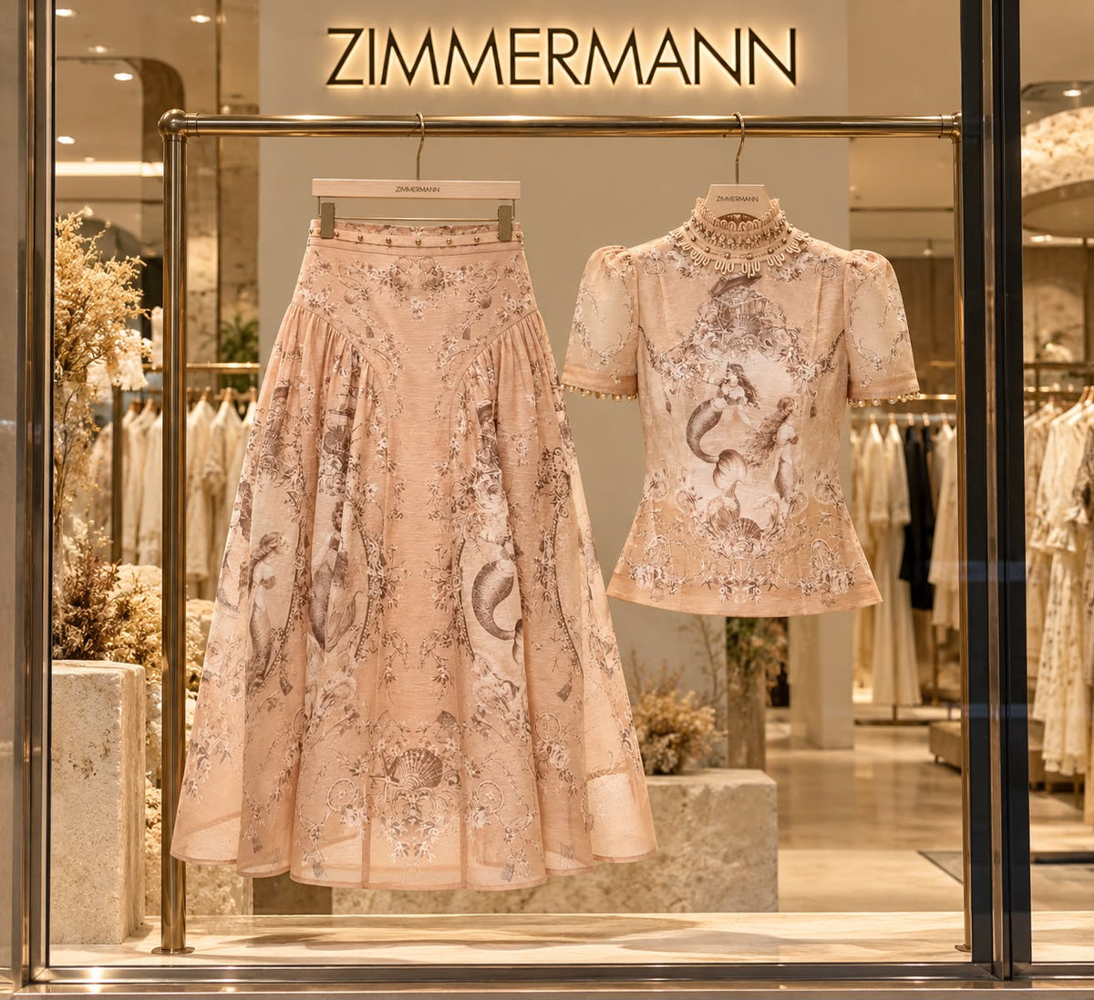 Zimmermann Rebellion Beaded Top and Midi Skirt Set in Blush Mermaid