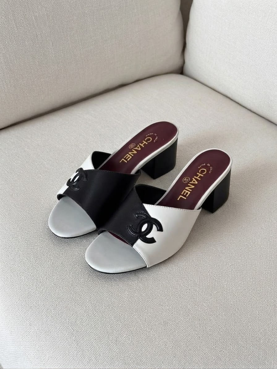 Chanel Two-Tone Block Heel Mule Sandals Leather