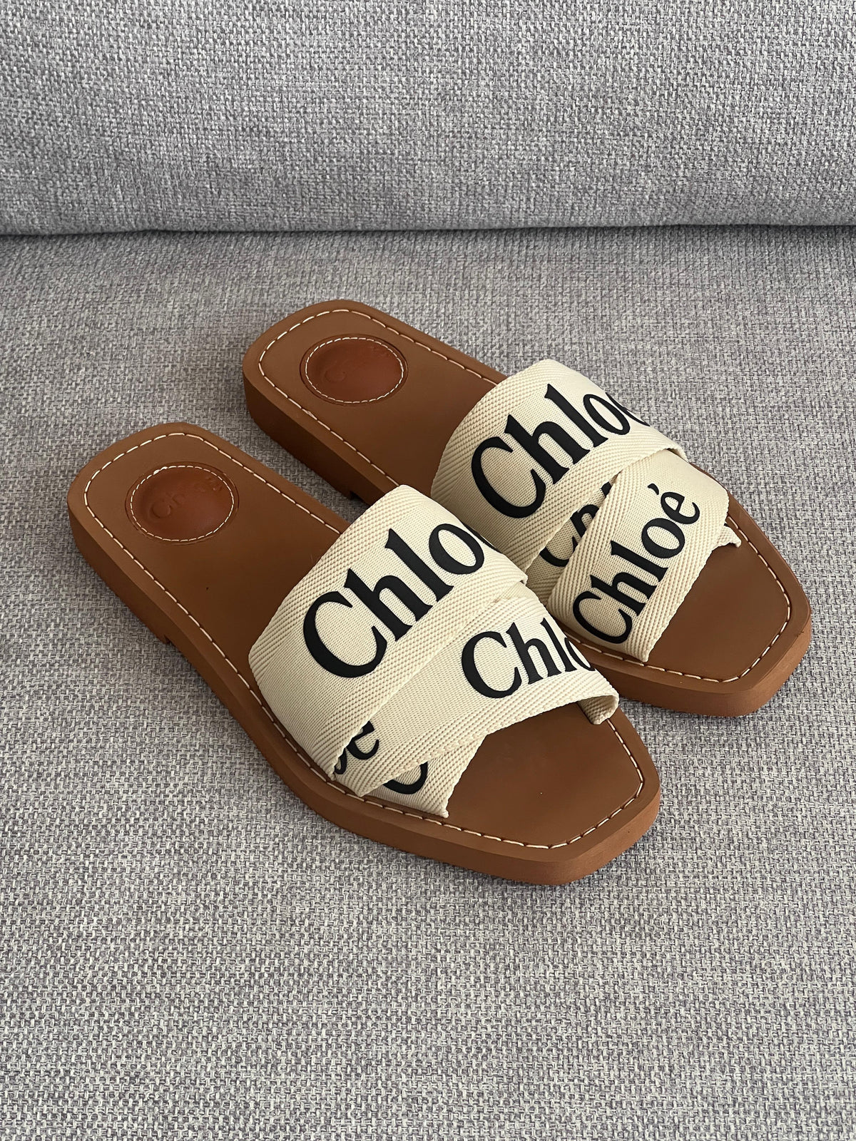 Chloe Woody Flat Ribbon Slides in Linen Canvas
