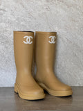 Chanel Beige Rubber CC High Rain Boots