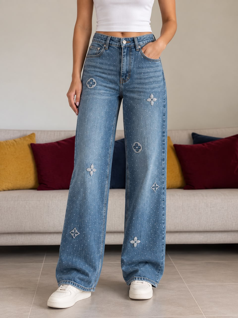 Louis Vuitton Monogram Flower Strass High-Rise Wide-Leg Jeans
