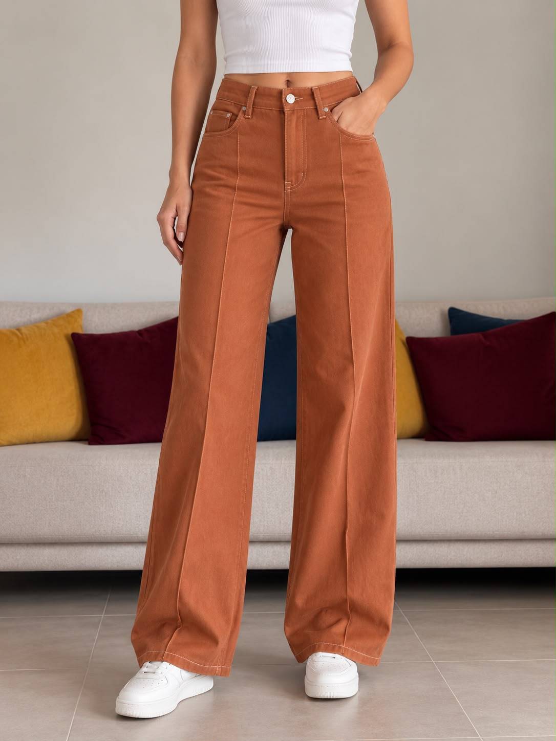 Hermes High-Waisted Wide-Leg Pants in Double Cotton Twill with Contrast Topstitching