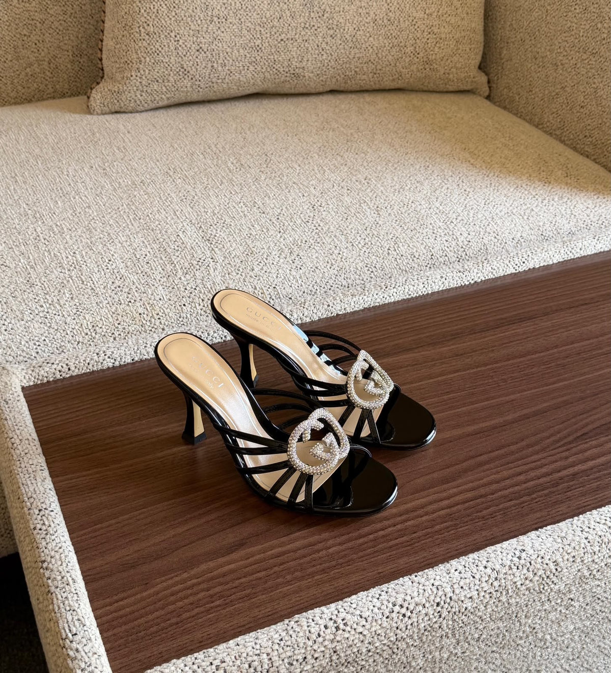 Gucci Interlocking G Crystal Metallic Leather Sandals